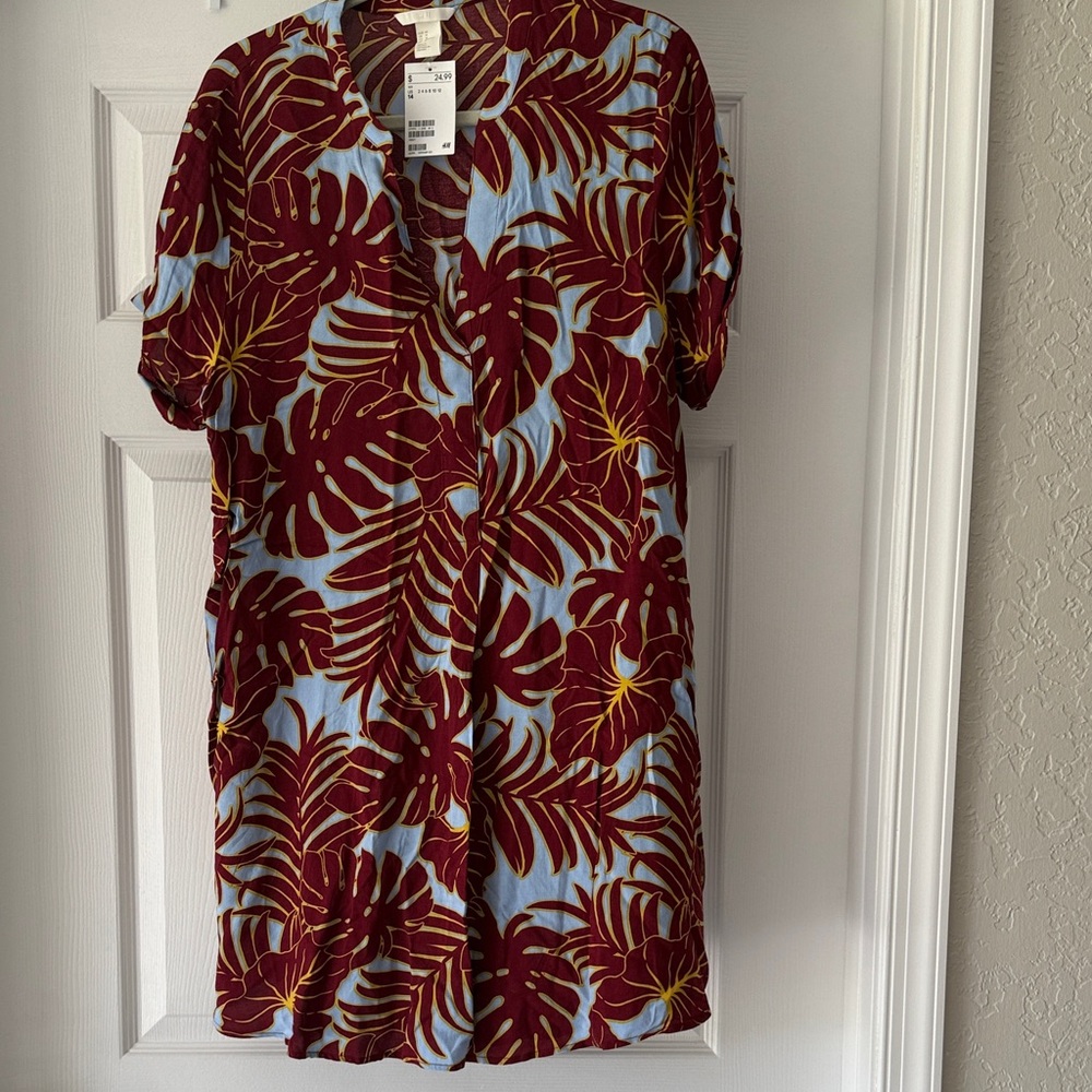 H&M Red and Blue Leaf Print Dress